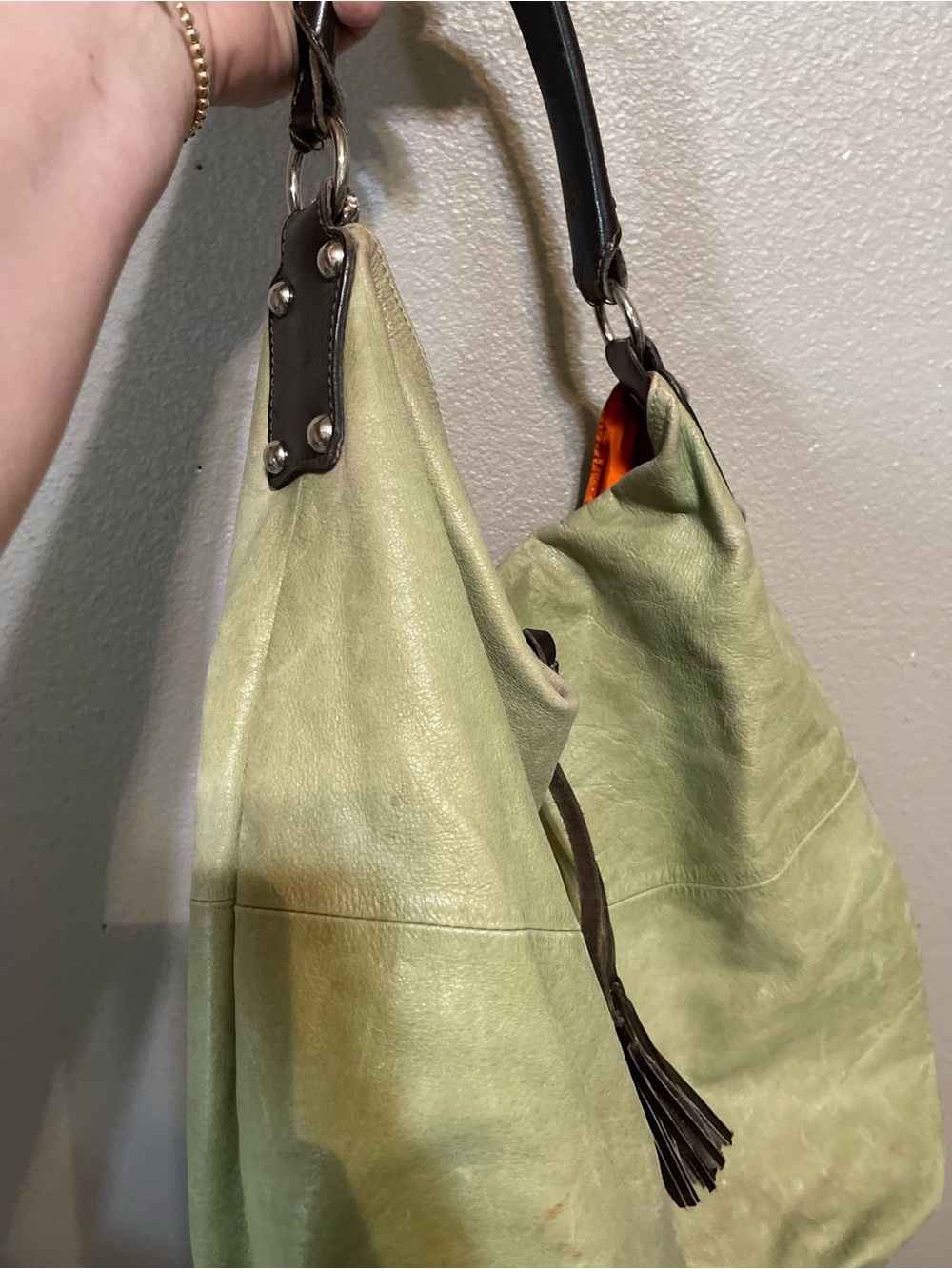Light Green Leather Hobo with Tassel Shoulder Strap
